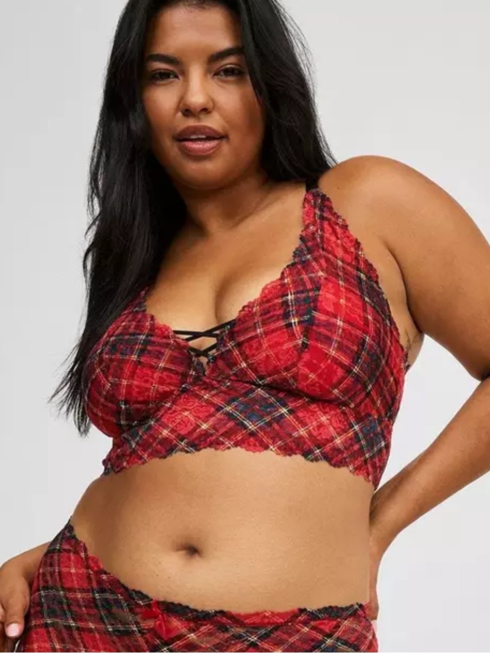 Torrid Lightly Lined Lace Print XO Front Bralette Red Biased Tartan Plaid Sz 1X